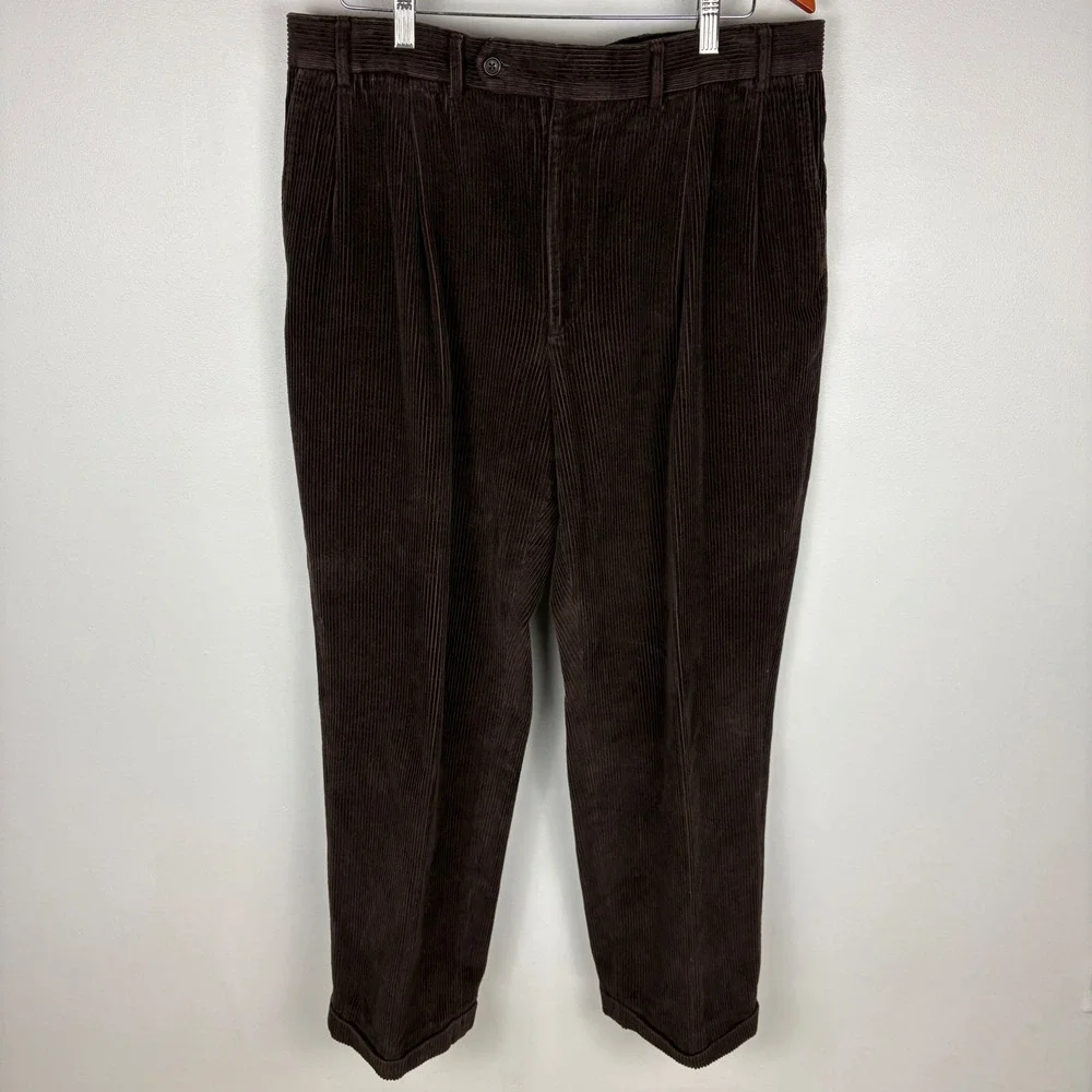 Vintage Nautica Mens Brown Corduroy Pleated Pants‎ Relaxed Fit Classic